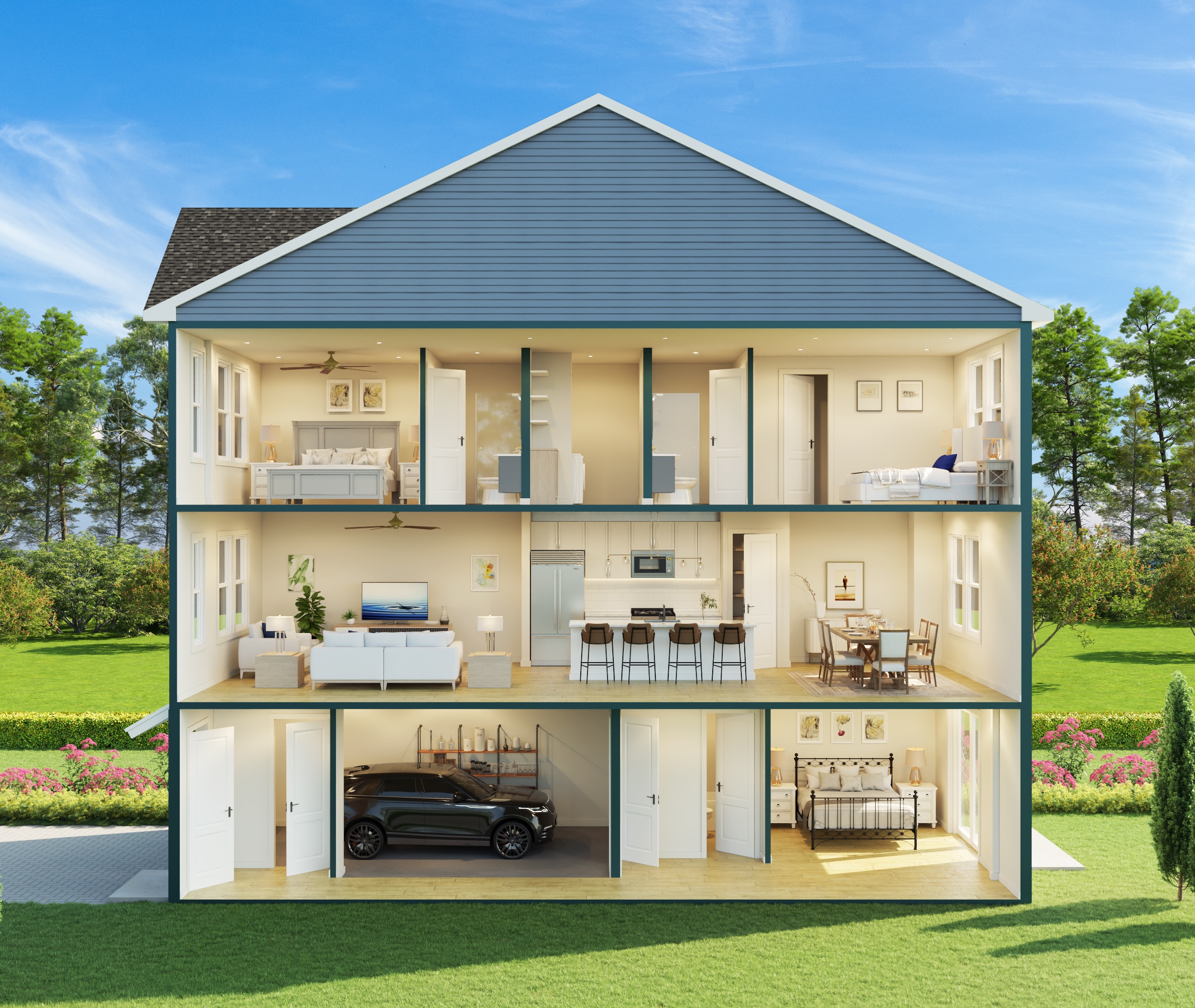 A modern two-story house with a garage and a garden.